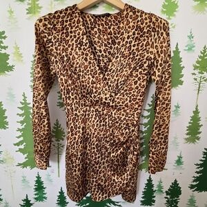 Zara Leopard Print Long Sleeve Faux Wrap Mini Dress